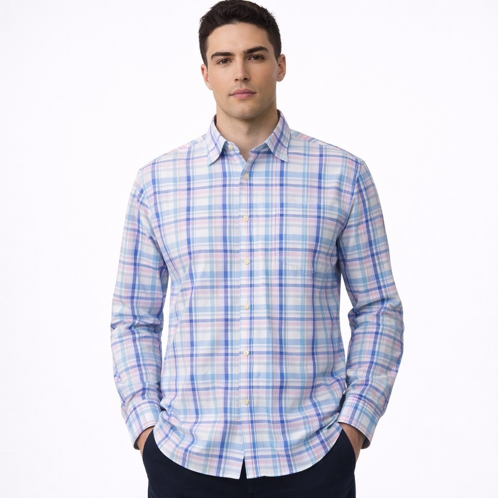 Peter Millar Men’s Button Up Shirt Pink Blue Plaid XL Cotton Blend